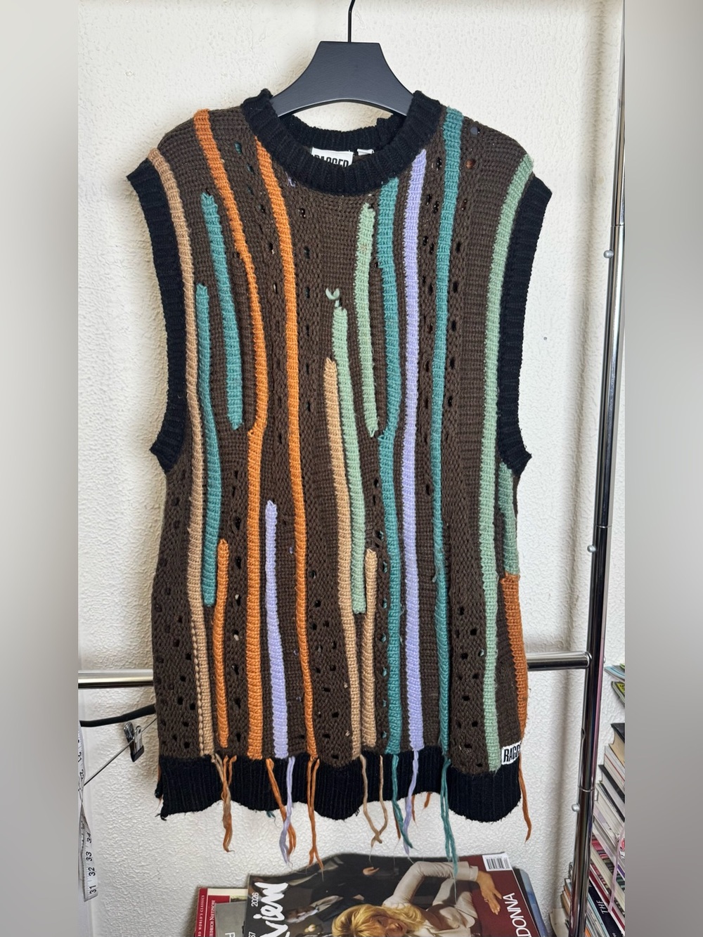 Ragged Jeans Distressed Crochet Knit Sweater Vest Brown Multicolor